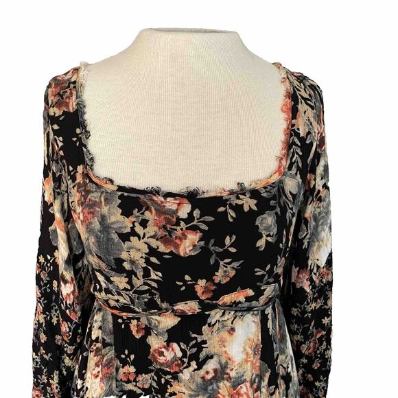 Free People Mini Dress Sz XS Heart Of Gold Dark Floral Boho Bell Sleeve Fairy - Picture 2 of 16